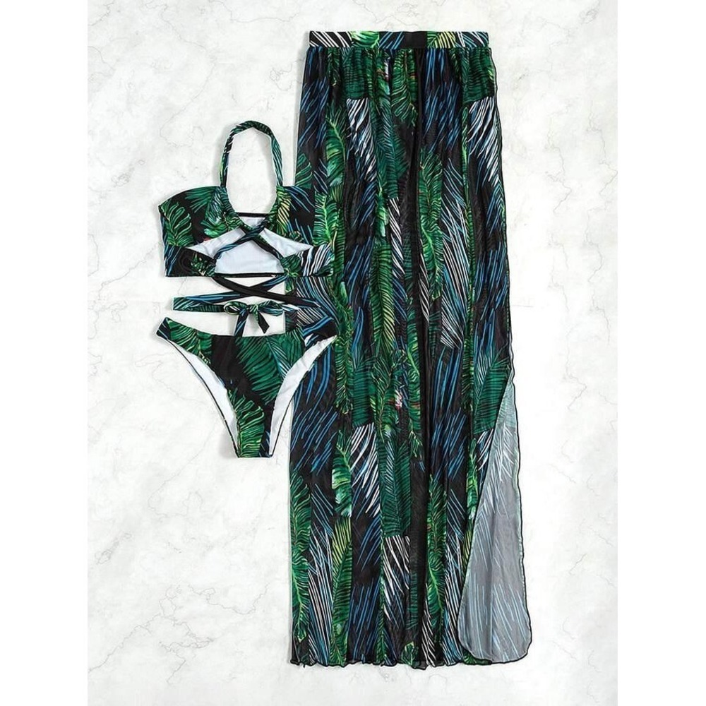 Tropical Palm Print 3 Piece Bikini Set with Mesh Maxi Skirt Cover Up Green M - Picture 2 of 10